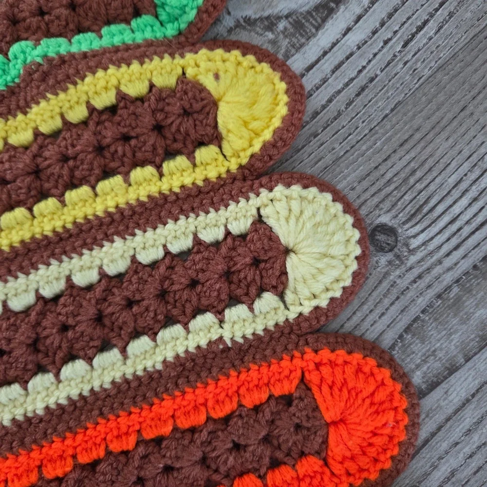 Vintage Handmade Crochet Rainbow Stripe Blanket Brown Scalloped Edge Retro 68x60